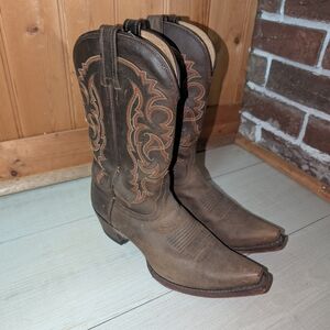 Tony Lama Brown Leather Western Cowboy Boots with Orange Stitching